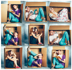 Image showing Introvert concept. Collage of man and women sitting inside box