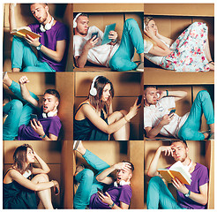 Image showing Introvert concept. Collage of man and women sitting inside box