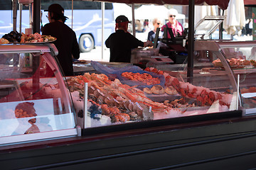 Image showing BERGEN MARKET SQUARE, NORWAY - MAY 27, 2017: Grocery stores that