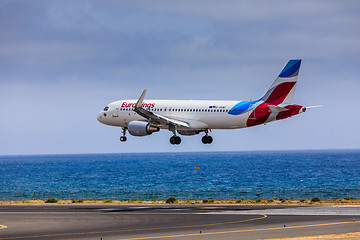 Image showing ARECIFE, SPAIN - APRIL, 15 2017: AirBus A320 - 200 of Eurowings 