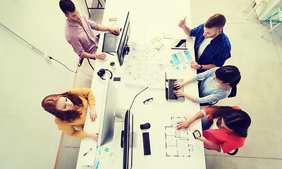 Image showing creative team with computers, blueprint at office