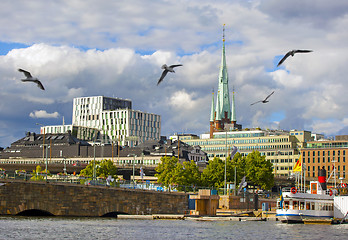 Image showing STOCKHOLM, JUNE 28, 2017:Stockholm city at summer and birds flyi