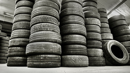 Image showing Stack of used car tires