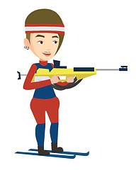 Image showing Cheerful biathlon runner aiming at the target.