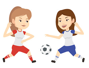 Image showing Two female soccer players fighting for ball.