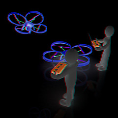 Image showing 3d man with drone, quadrocopter, with photo camera. 3d render. 3