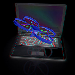 Image showing Drone and laptop. 3D render. Anaglyph. View with red/cyan glasse