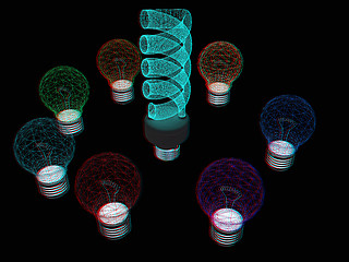 Image showing energy-saving lamps. 3D illustration. Anaglyph. View with red/cy