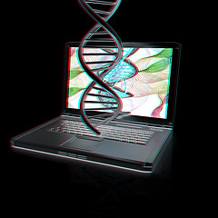 Image showing Laptop with dna medical model background on laptop screen. 3d il