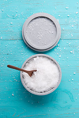 Image showing sea salt on wooden background