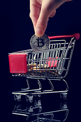 Image showing hand throws a bitcoin into trolley.