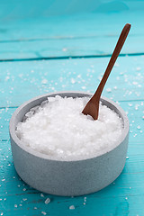 Image showing sea salt on wooden background