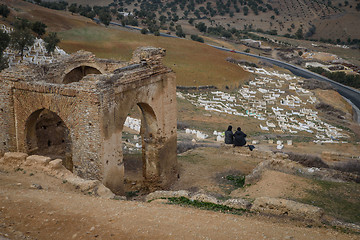 Image showing Couple on the hill over the cementery Fez, Morocco North Africa