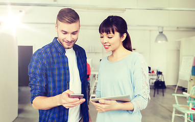 Image showing couple with smartphone and tablet pc at office