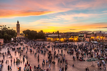 Image showing Jamaa el Fna market square in sunset, Marrakesh, Morocco, north Africa.