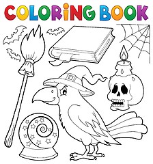 Image showing Coloring book witch crow theme