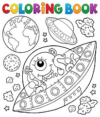 Image showing Coloring book flying saucers near Earth