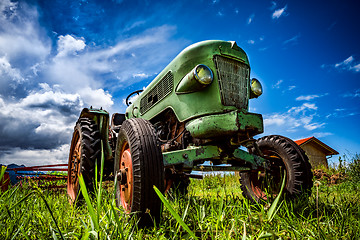 Image showing Old tractor in the Alpine meadows