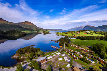 Image showing Beautiful Nature Norway Aerial view of the campsite to relax.