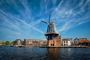 Image showing Harlem landmark windmill De Adriaan on Spaarne river. Harlem,