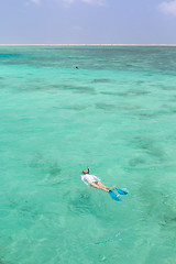 Image showing Woman snorkeling in clear shallow sea of tropical lagoon with turquoise blue water.