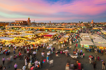 Image showing Jamaa el Fna market square in sunset, Marrakesh, Morocco, north Africa.