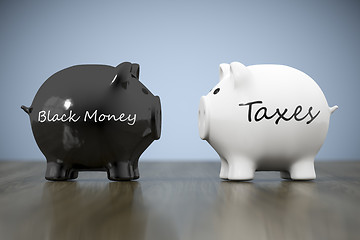 Image showing two piggy banks with the words black money and taxes