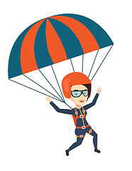 Image showing Young happy woman flying with parachute.