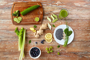 Image showing fruits, berries and vegetables on wooden table