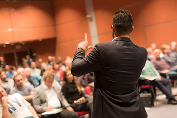 Image showing Public speaker giving talk at Business Event.