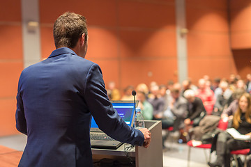 Image showing Public speaker giving talk at Business Event.