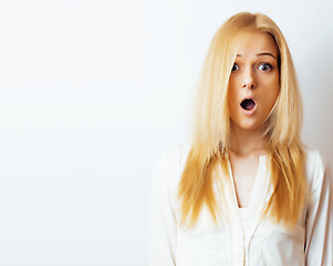 Image showing young blond woman on white backgroung gesture thumbs up, isolate