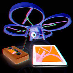 Image showing Drone, remote controller and tablet PC. Anaglyph. View with red/