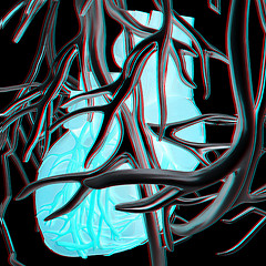 Image showing Human heart and veins. 3D illustration.. Anaglyph. View with red