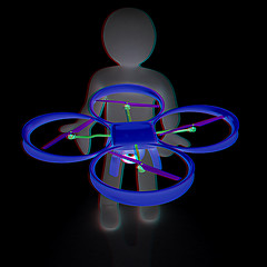 Image showing 3d man with drone, quadrocopter, with photo camera. 3d render. 3