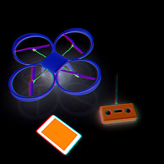 Image showing Drone, remote controller and tablet PC. Anaglyph. View with red/