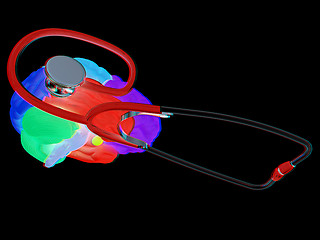 Image showing stethoscope and brain. 3d illustration. Anaglyph. View with red/