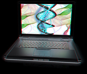 Image showing Laptop with dna medical model background on laptop screen. 3d il