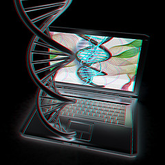 Image showing Laptop with dna medical model background on laptop screen. 3d il