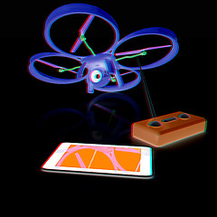 Image showing Drone, remote controller and tablet PC. Anaglyph. View with red/