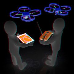 Image showing 3d white people. Man flying a white drone with camera. 3D render