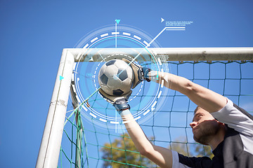 Image showing goalkeeper with ball at football goal on field