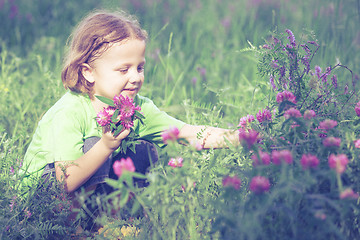 Image showing Cute little boy  playing with flowers in  park