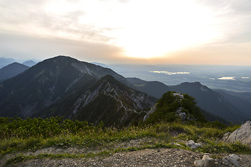 Image showing View from mountain Herzogstand to Heimgarten at sunset, Bavaria,