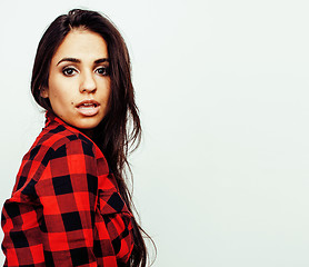 Image showing young happy smiling latin american teenage girl emotional posing on white background, lifestyle people concept 