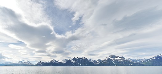 Image showing Panoramic view of snowy mountains in Northern Norway