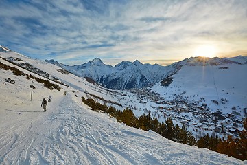 Image showing Skiing slopes, majestic Alpine landscape