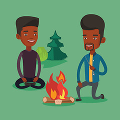 Image showing Two friends sitting around bonfire in camping.