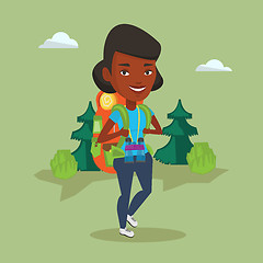 Image showing Woman with backpack hiking vector illustration.