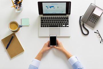 Image showing businesswoman with laptop and smartphone at office